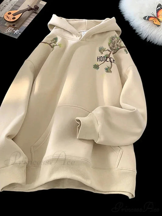 Pine Printed Y2K Retro Large Hoodie apricot / M(40-45KG) hoodies-241228