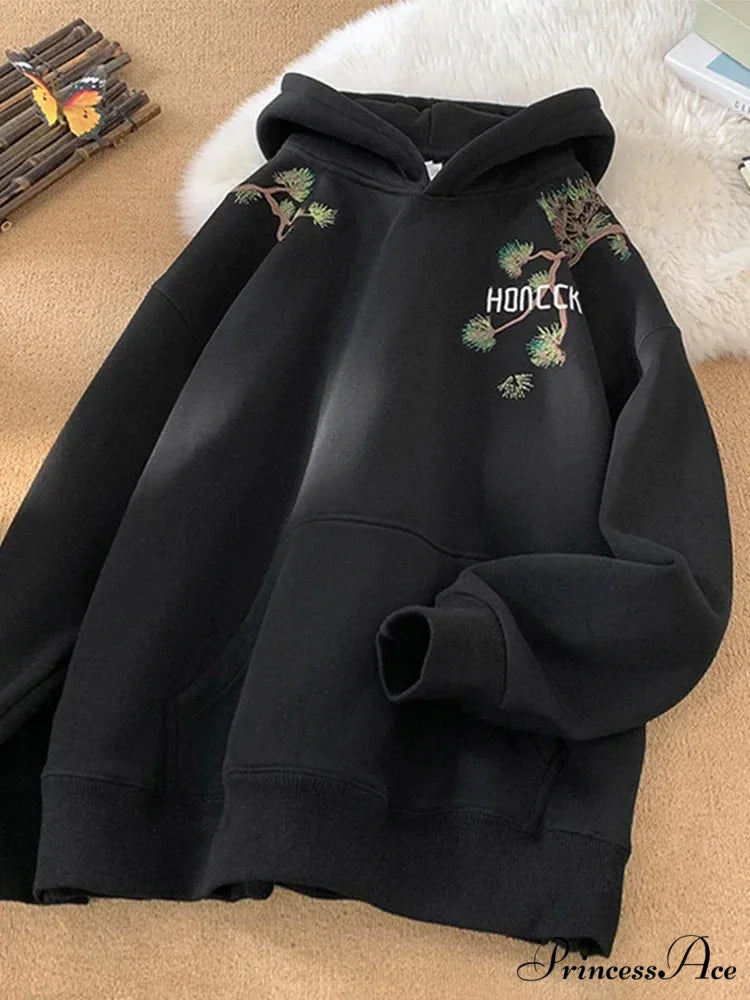 Pine Printed Y2K Retro Large Hoodie Black / M(40-45KG) hoodies-241228