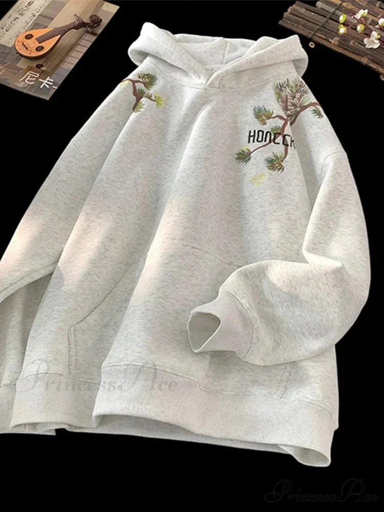 Pine Printed Y2K Retro Large Hoodie GRAY / M(40-45KG) hoodies-241228