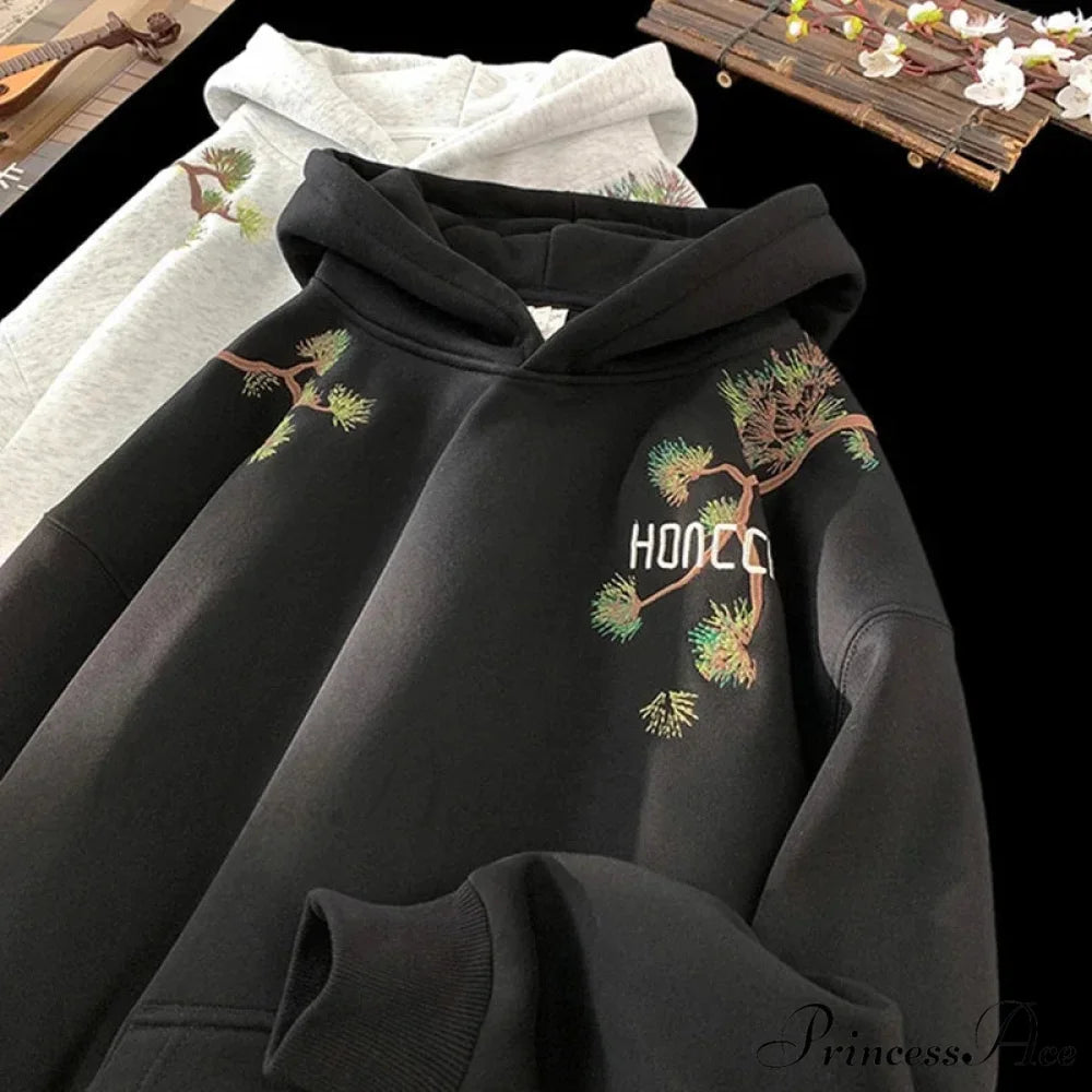 Pine Printed Y2K Retro Large Hoodie hoodies-241228