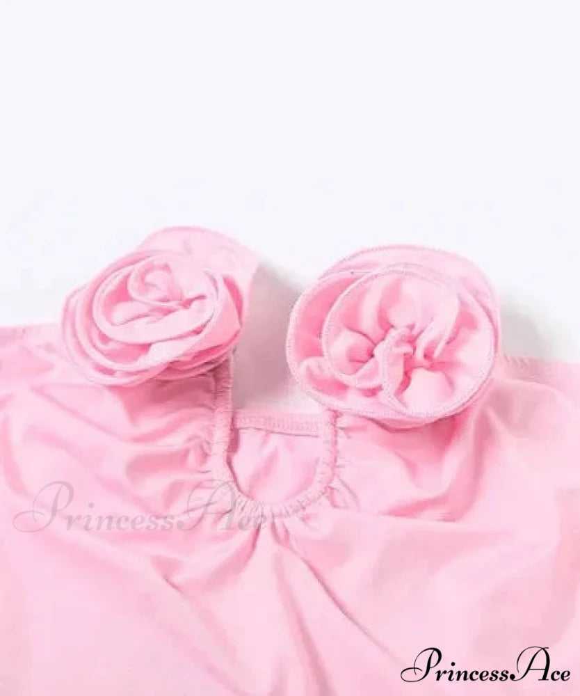 Pink 3D Floral-applique Charming Strapless Maxi Dress