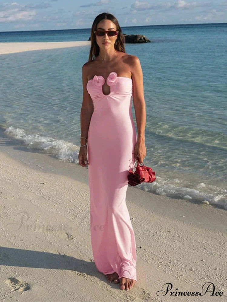 Pink 3D Floral-applique Charming Strapless Maxi Dress Pink / S