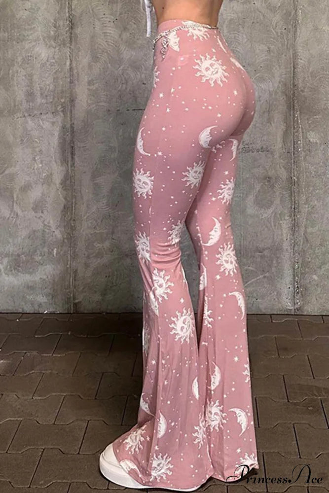 Pink Abstract Print Flares Pants Pink / L