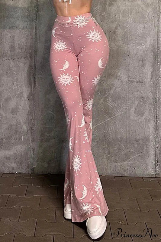 Pink Abstract Print Flares Pants Pink / S
