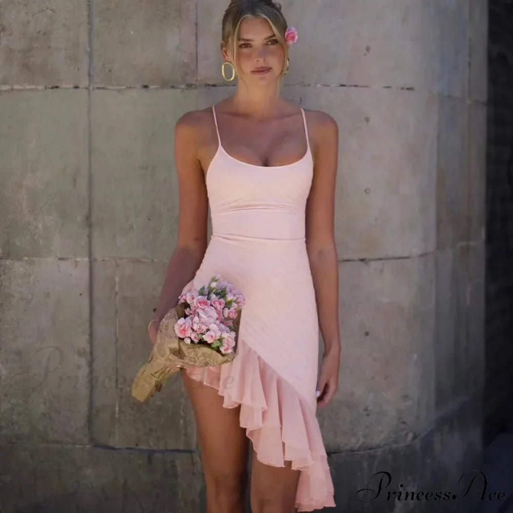 Pink Asymmetric Frill Charming Trim Cami Mini Dress