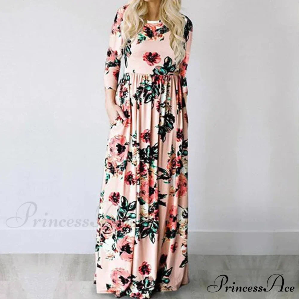Pink Bohemian Flower Long Floral Dress oldfloraldress-250126