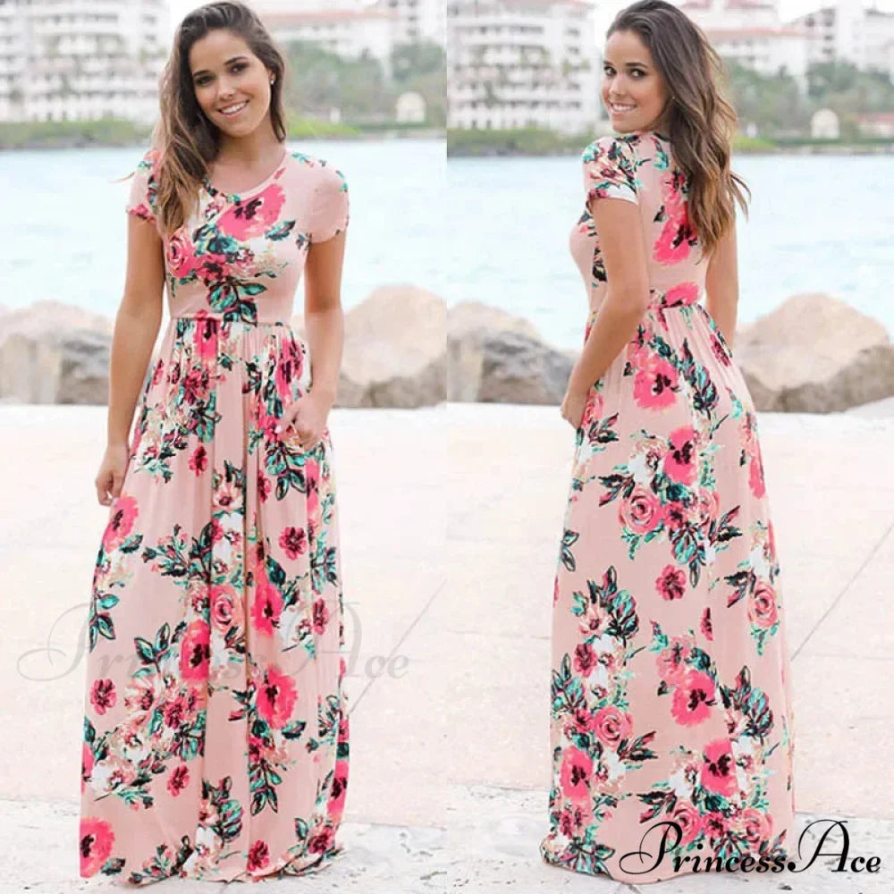 Pink Bohemian Flower Long Floral Dress Pink2 / S oldfloraldress-250126