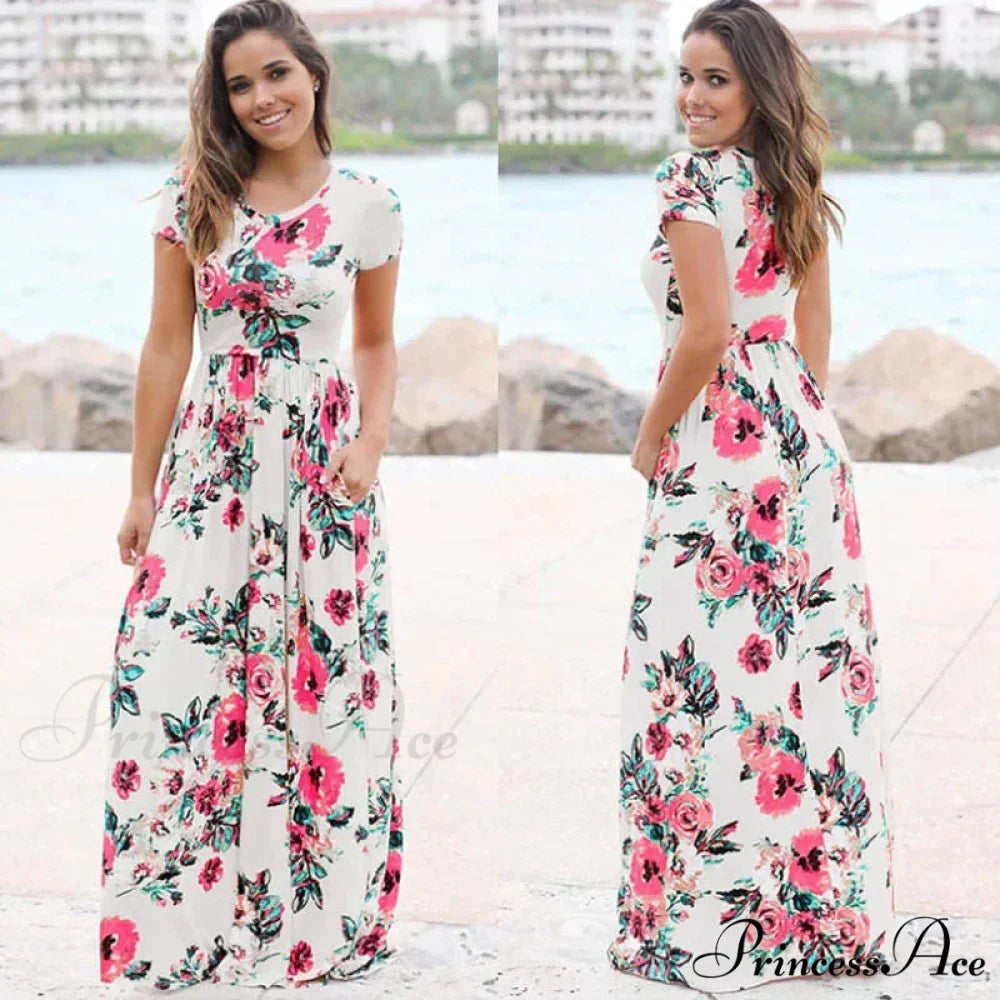 Pink Bohemian Flower Long Floral Dress White2 / S oldfloraldress-250126