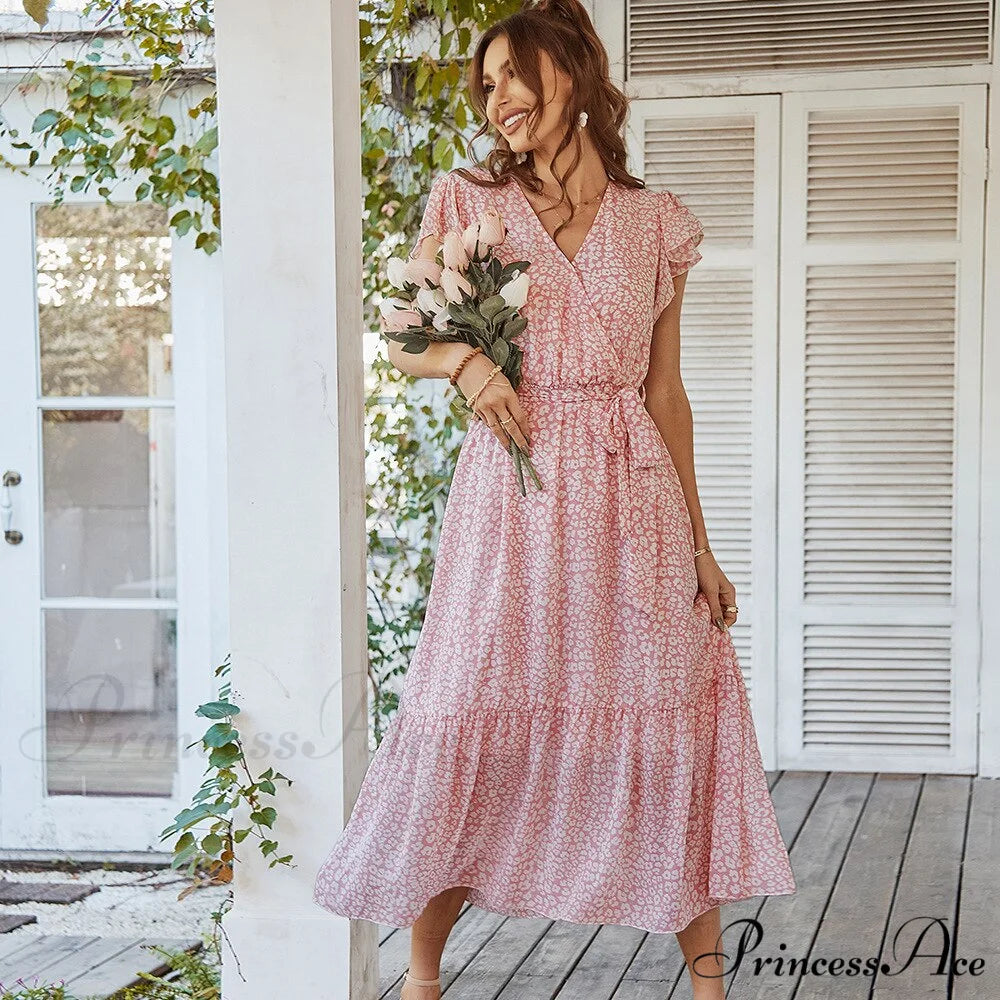 Pink Boho Resort Trendy Ladies Maxi Dress Pink / S