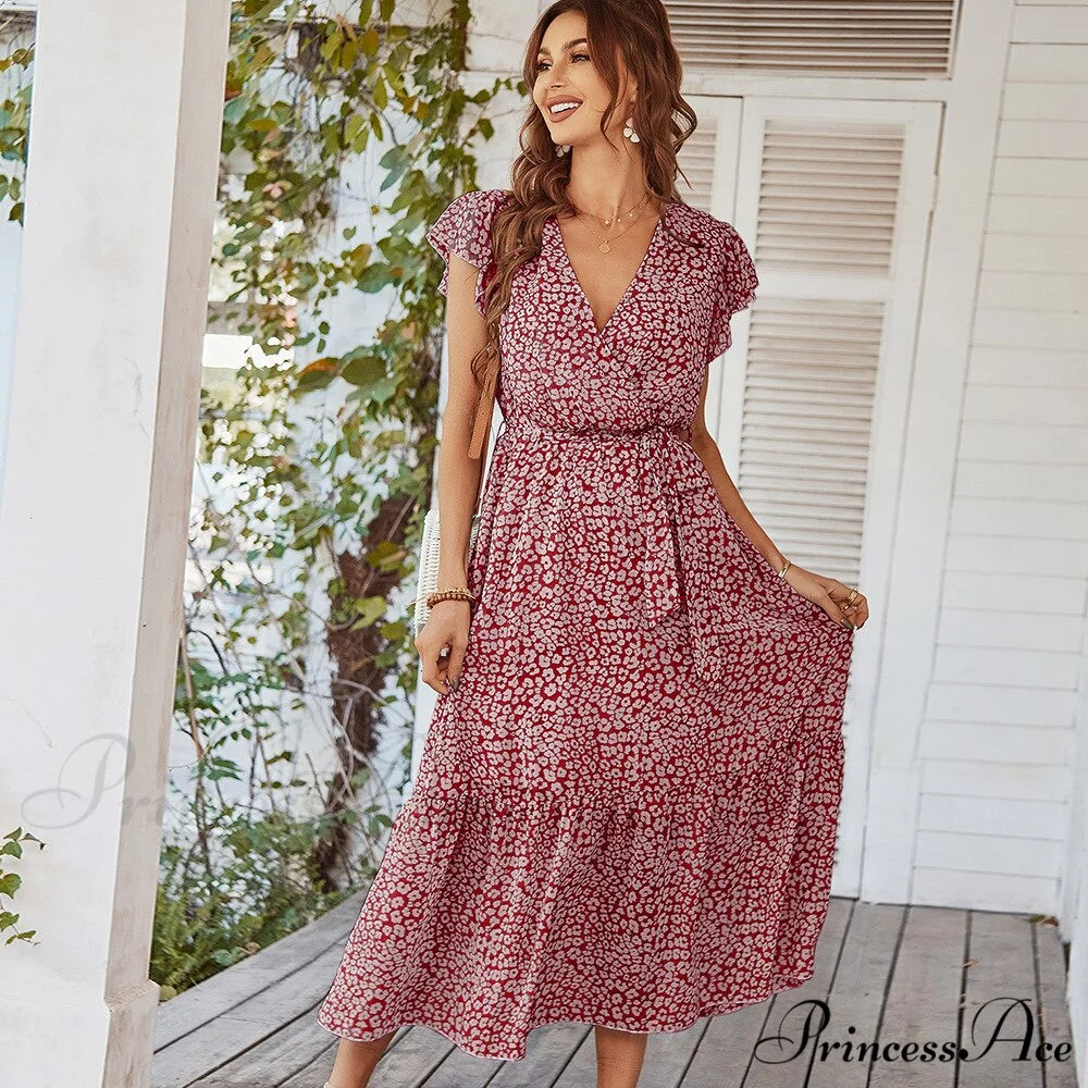 Pink Boho Resort Trendy Ladies Maxi Dress Wine Red / S
