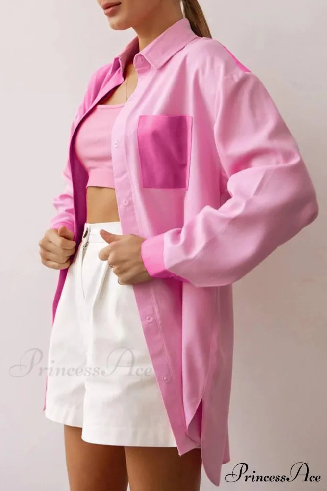 Pink Button-Up Long Sleeve Blouse with Lapel Pocket Pink / L