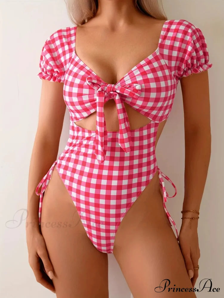 Pink Checkered Tie Front One Piece Swimsuit Pink / S onepiece-250223