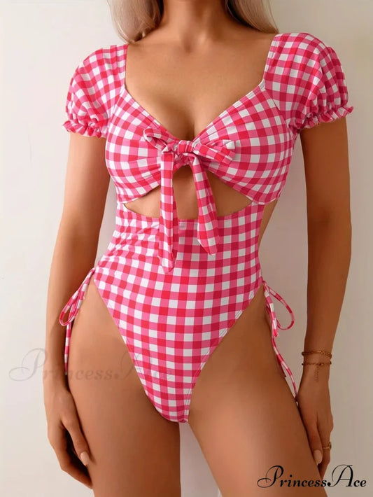 Pink Checkered Tie Front One Piece Swimsuit Pink / S onepiece-250223
