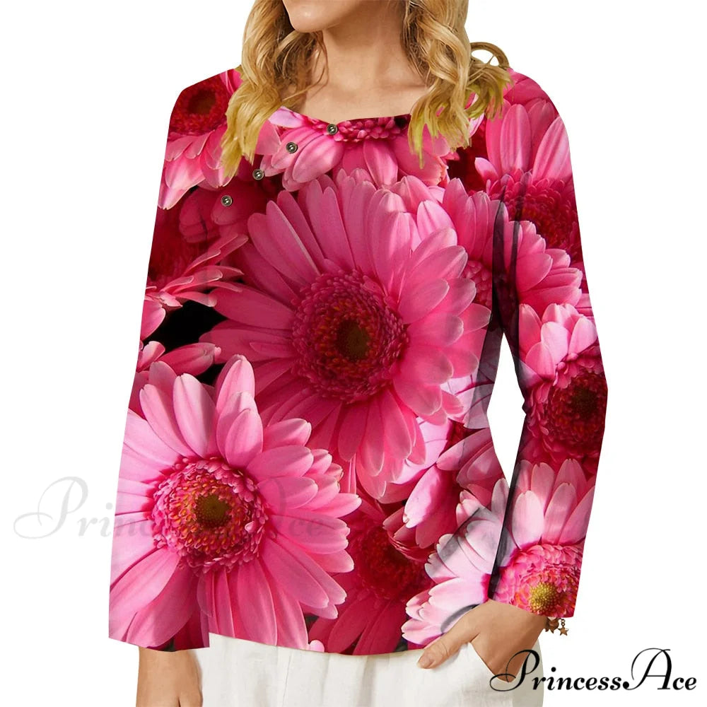 Pink Chrysanthemum Graphics 3D Printed T-shirt Long Sleeve T-shirt4 / S
