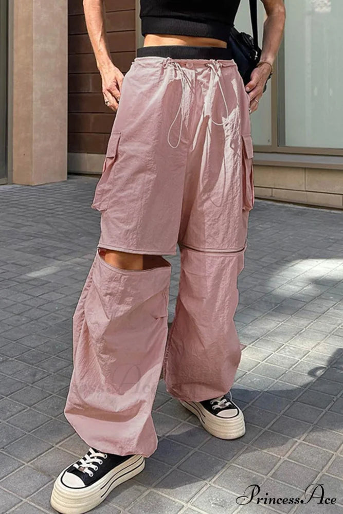 Pink Drawstring Zipper Cargo Pants Pink / L