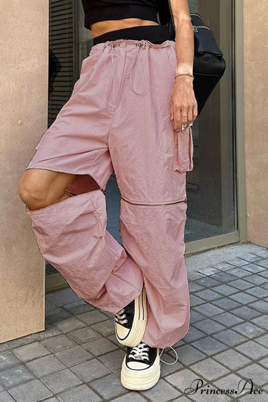 Pink Drawstring Zipper Cargo Pants Pink / M