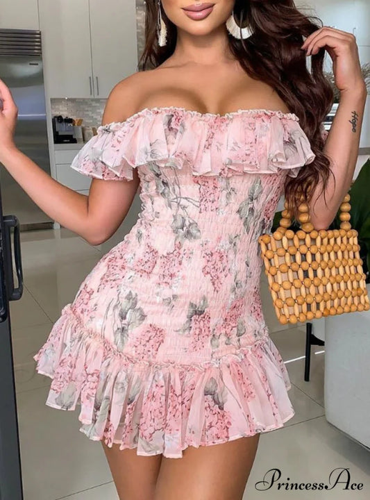 Pink Floral Ruffles Off Shoulder Dress