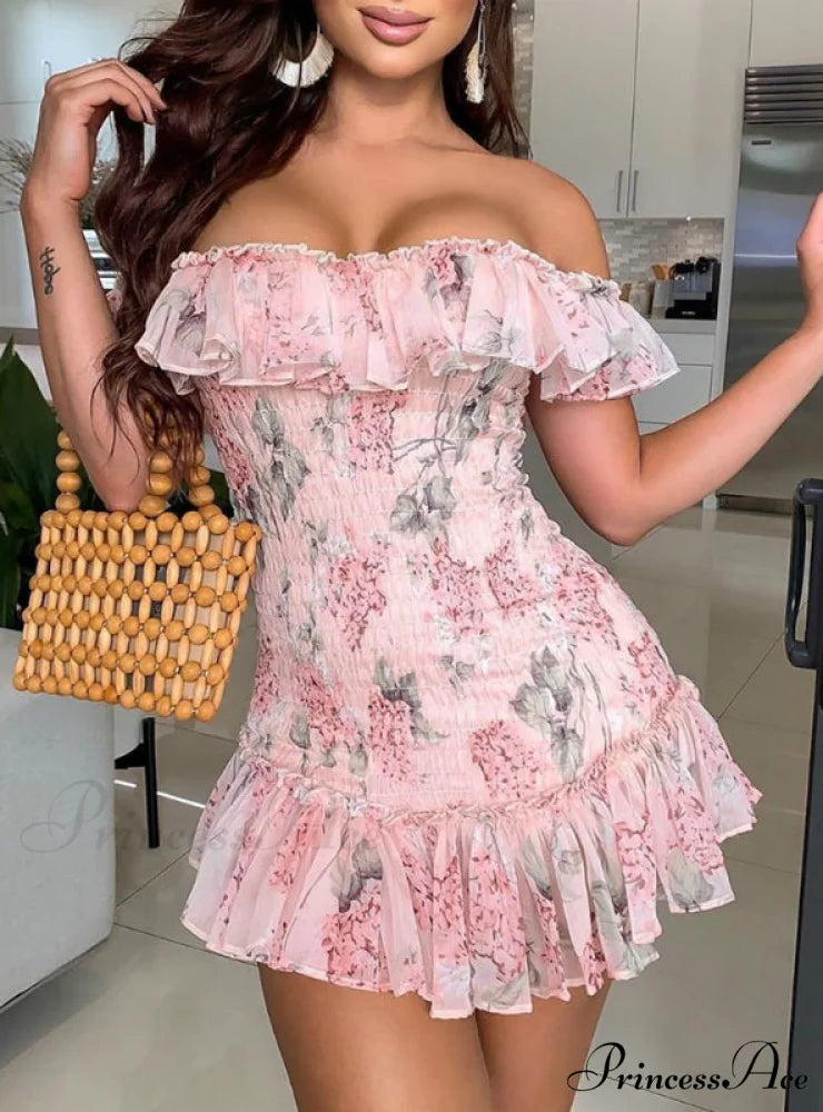 Pink Floral Ruffles Off Shoulder Dress