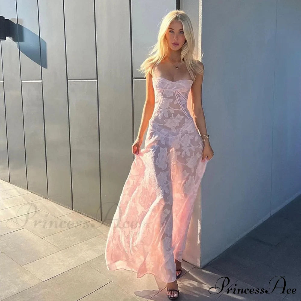 Pink Floral Stylish Lace Maxi Dress