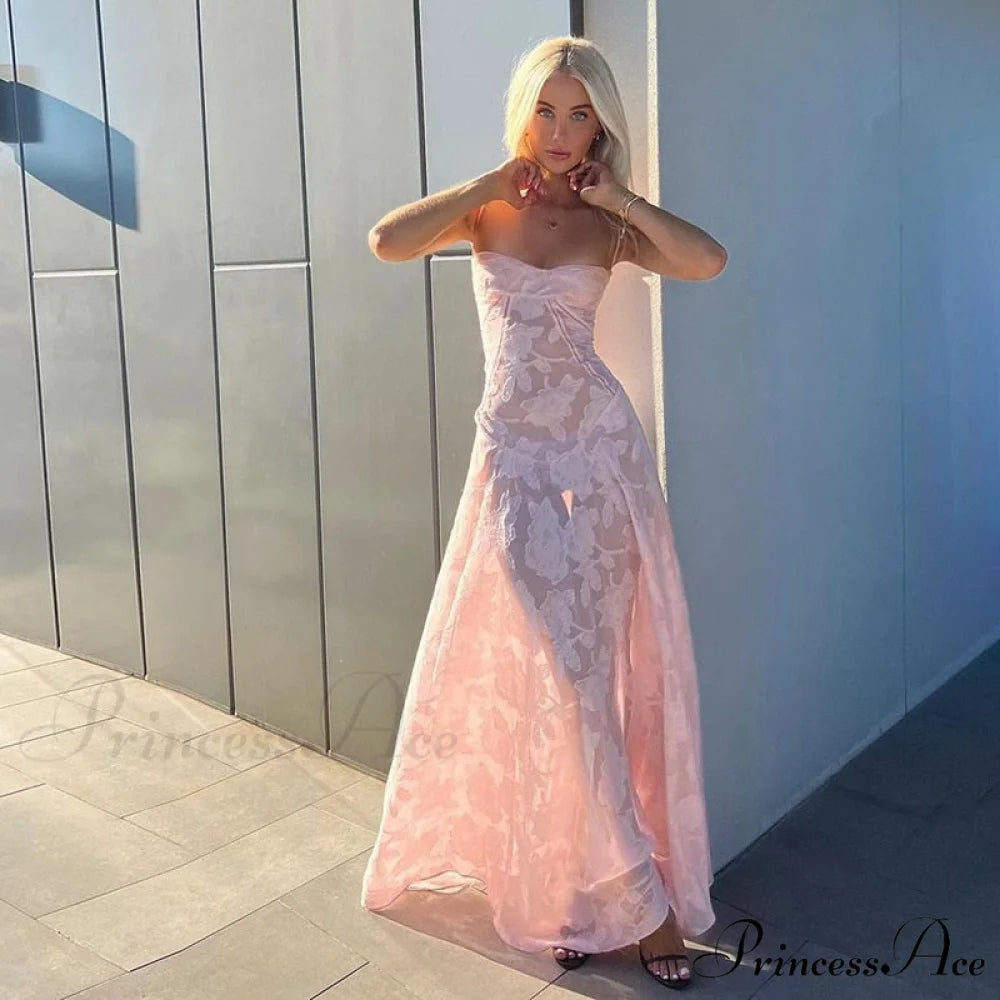 Pink Floral Stylish Lace Maxi Dress