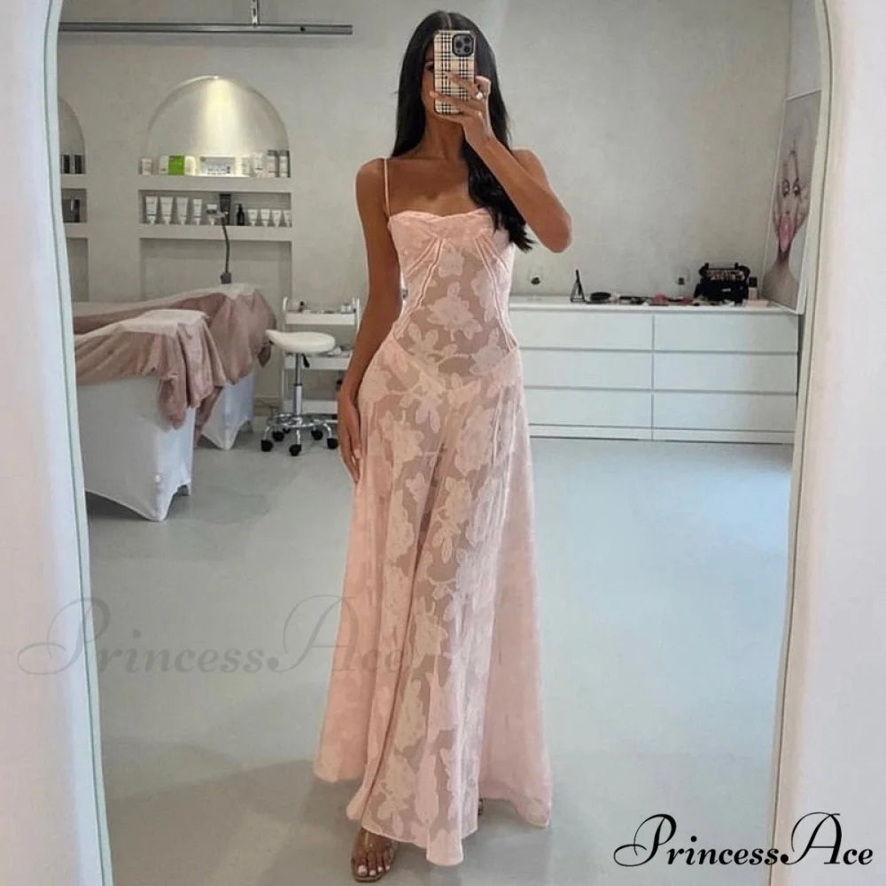 Pink Floral Stylish Lace Maxi Dress Pink / M
