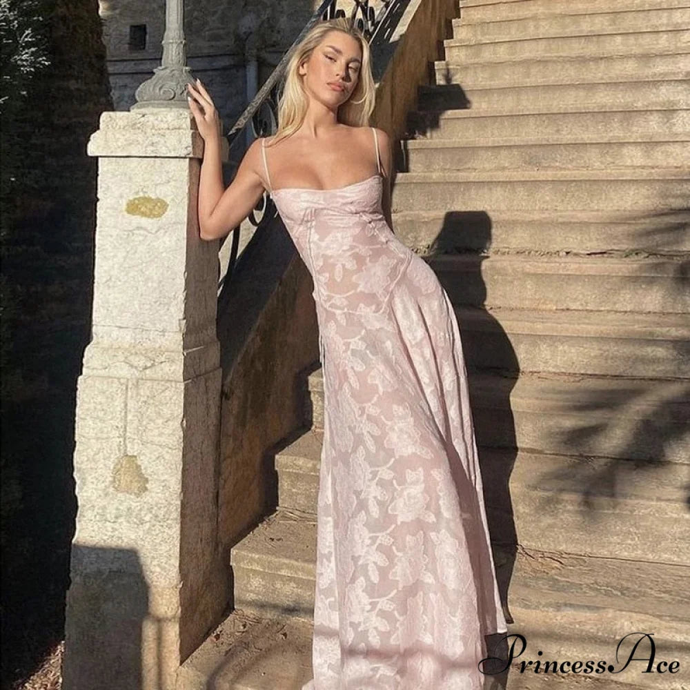 Pink Floral Stylish Lace Maxi Dress Pink / S