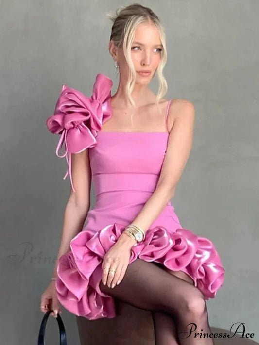 Pink Floral Trim Ruffles Party Dress Pink / S