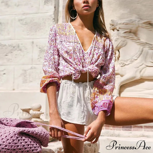 Pink Flowered Printed Baggy Extended Sleeve Boho Top blouse / S bohoblouse-250126