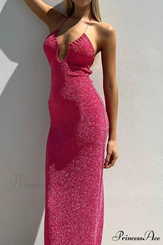 Pink Glitter Tie-back Dress with Slit