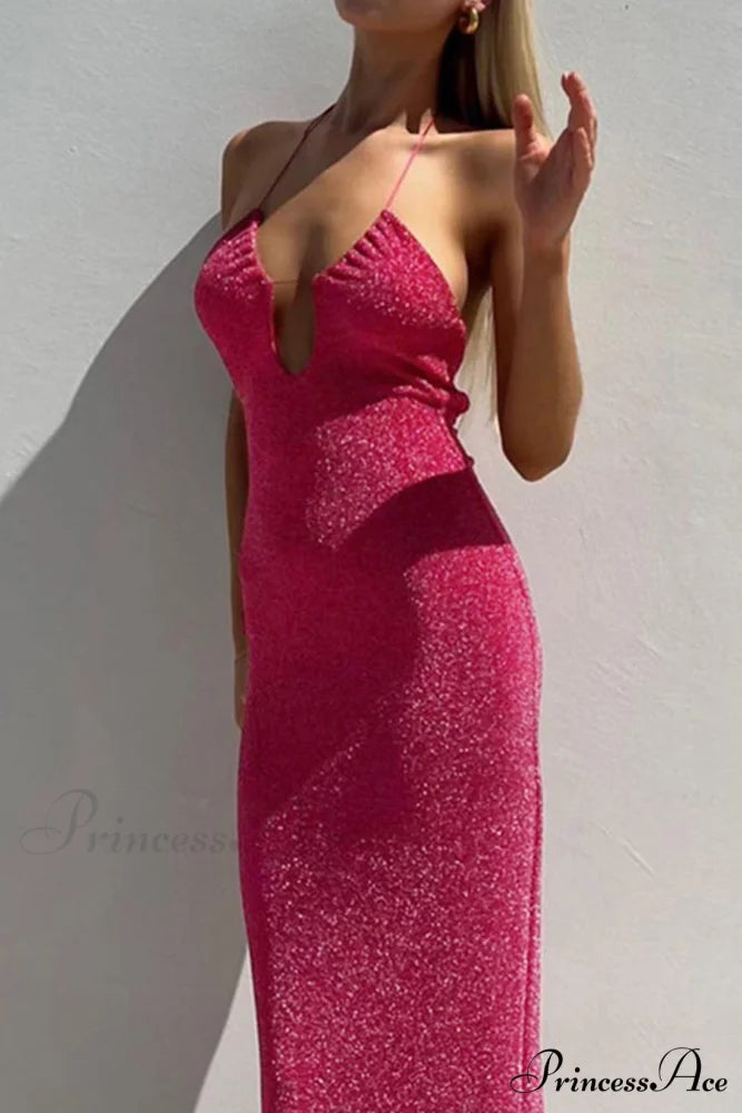 Pink Glitter Tie-back Dress with Slit