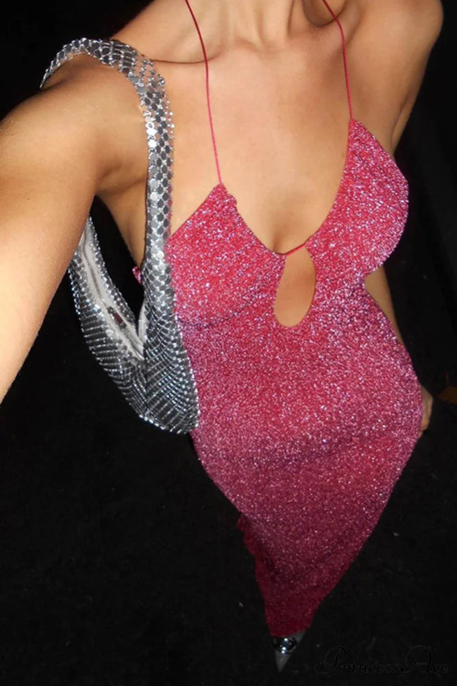 Pink Glitter Tie-back Dress with Slit Pink / S