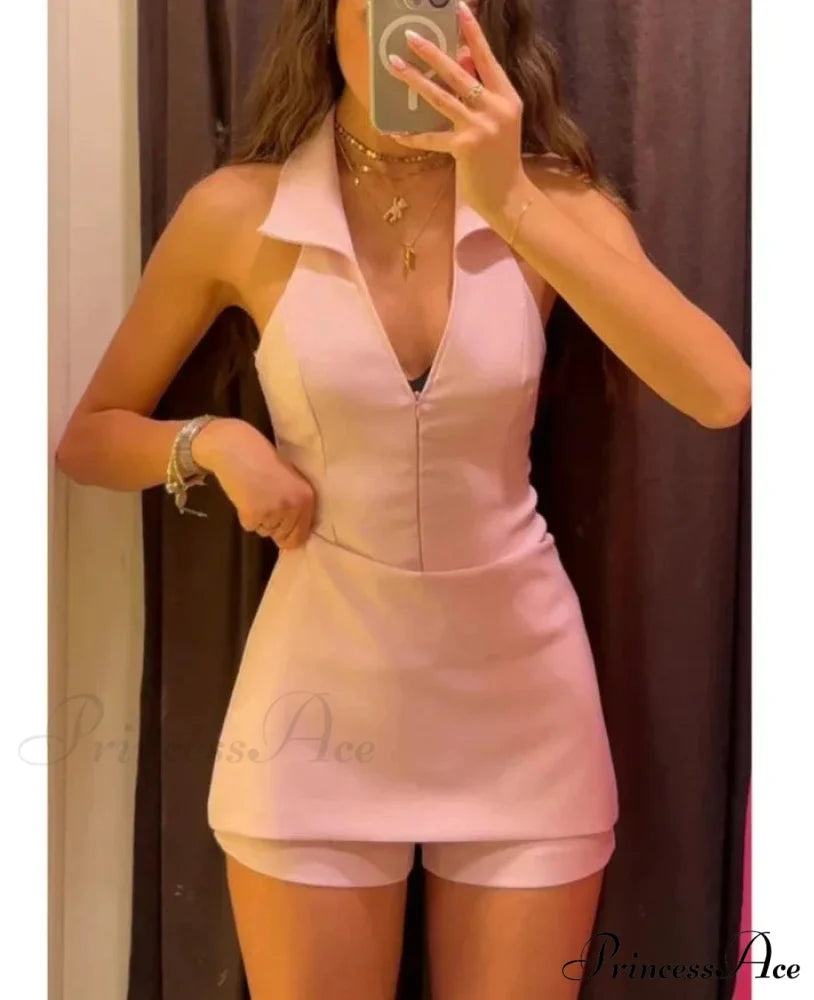 Pink Halter Sleeveless Charming Top And Skort Set