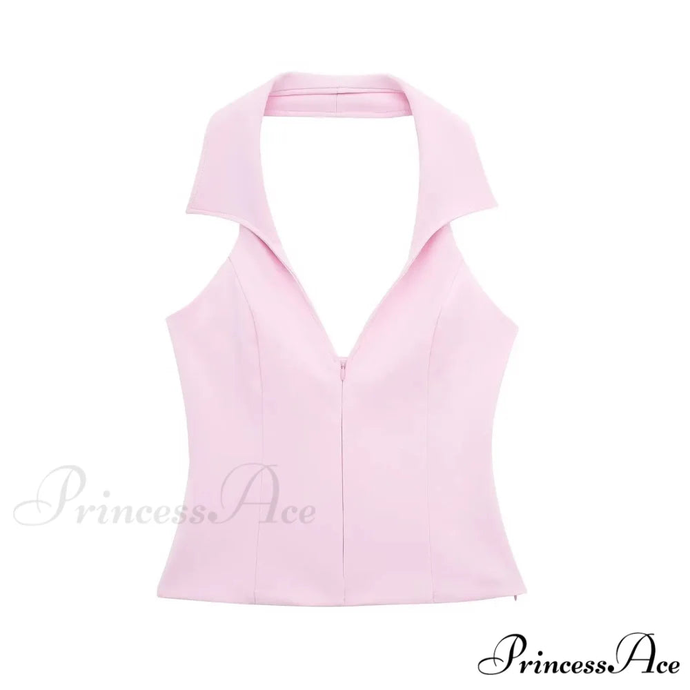 Pink Halter Sleeveless Charming Top And Skort Set Pink Top / L