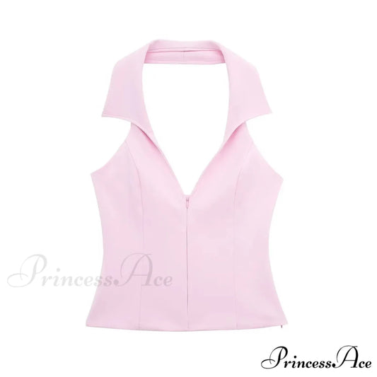 Pink Halter Sleeveless Charming Top And Skort Set Pink Top / L