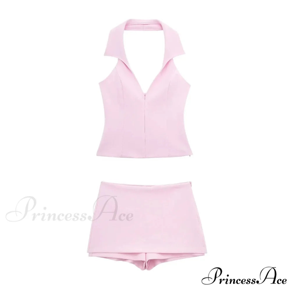 Pink Halter Sleeveless Charming Top And Skort Set Pink Suit / L