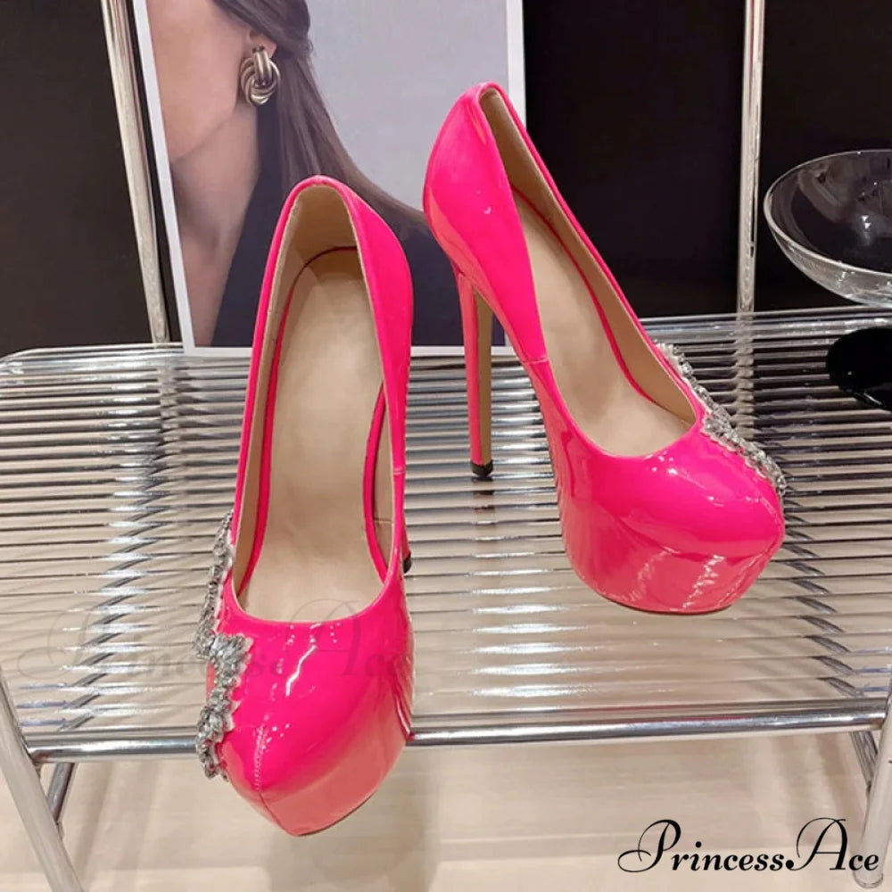 Pink High Heels Women Pumps with Crystal Platform Stiletto - Spring/Autumn Fashion - Round Toe - Wedding/Stripper Shoes