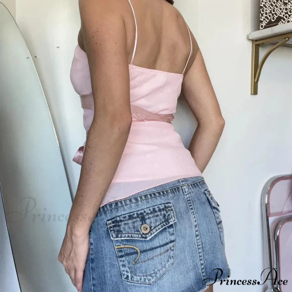Pink Infant Babydoll Satin Ribbon Bowknot Enchanting Sleeveless Y2K Crop Top croptop-250126