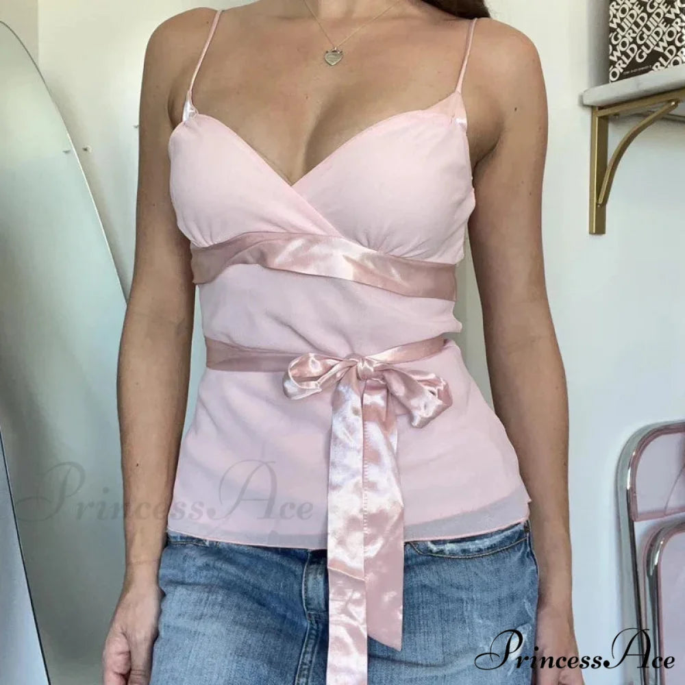 Pink Infant Babydoll Satin Ribbon Bowknot Enchanting Sleeveless Y2K Crop Top croptop-250126