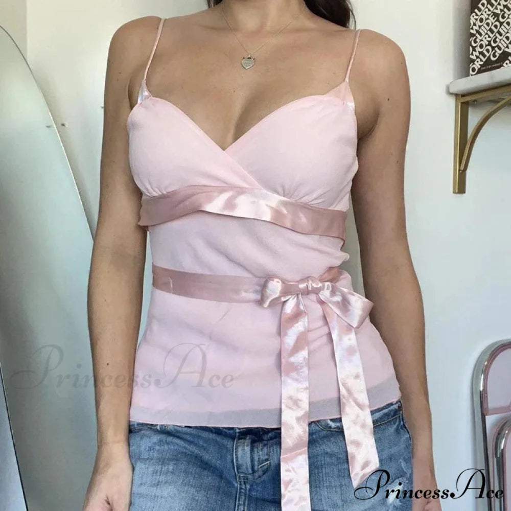 Pink Infant Babydoll Satin Ribbon Bowknot Enchanting Sleeveless Y2K Crop Top Pink / S croptop-250126