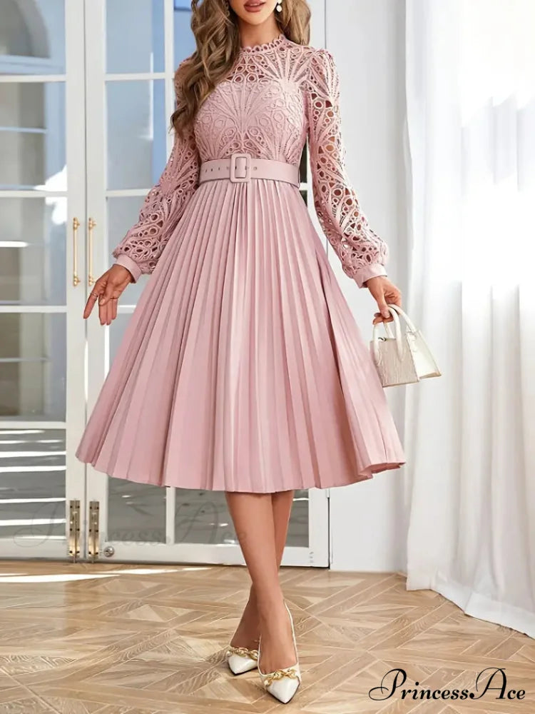 Pink Lace Pleated Party Dress with Belt L / White