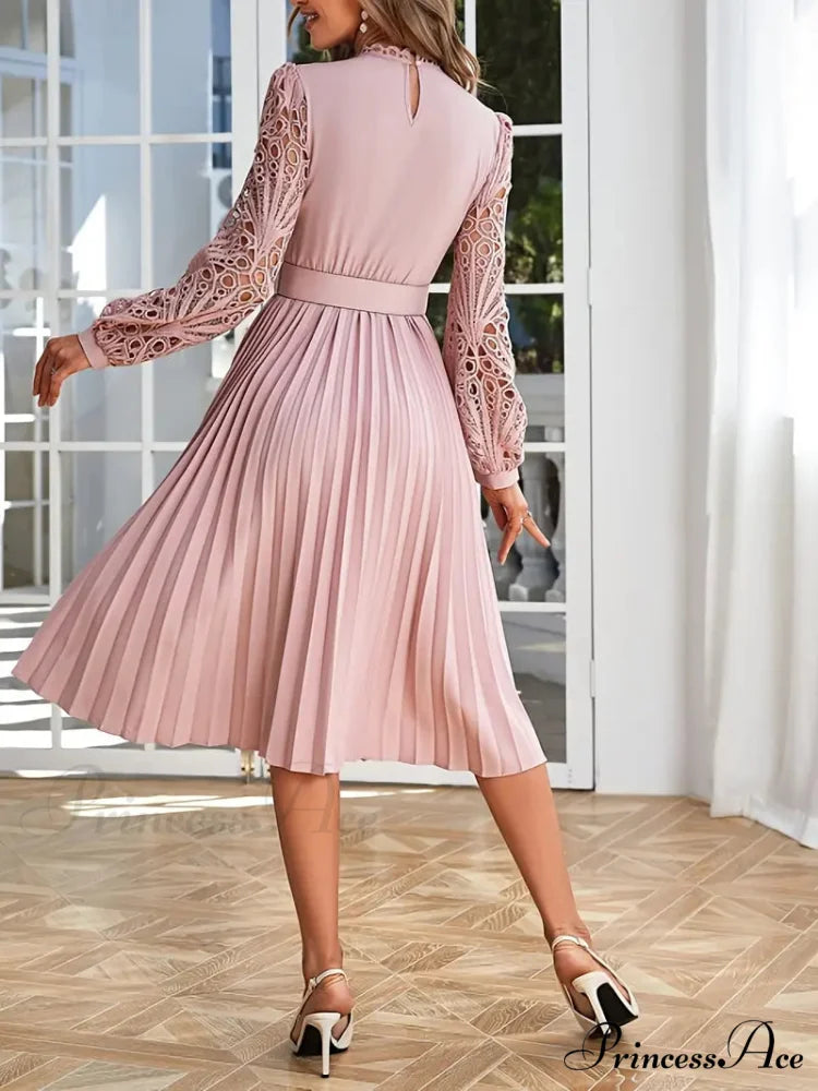 Pink Lace Pleated Party Dress with Belt M / Pink