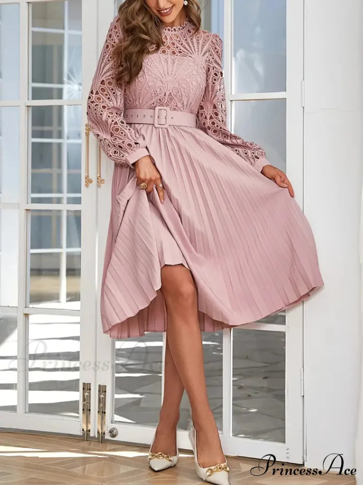 Pink Lace Pleated Party Dress with Belt M / White