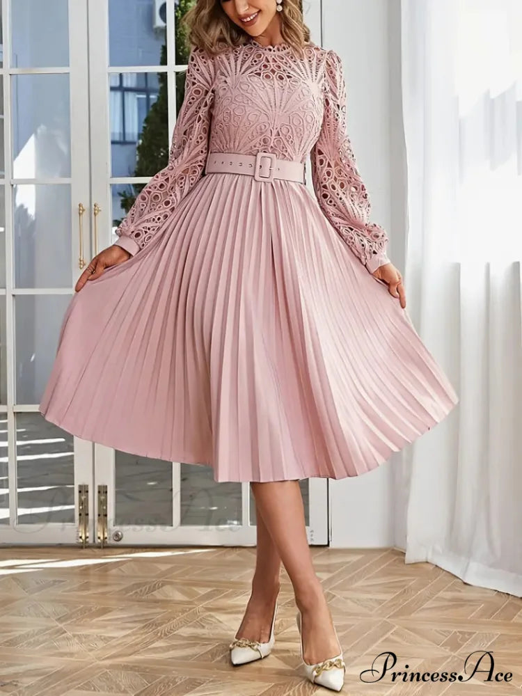 Pink Lace Pleated Party Dress with Belt S / Pink