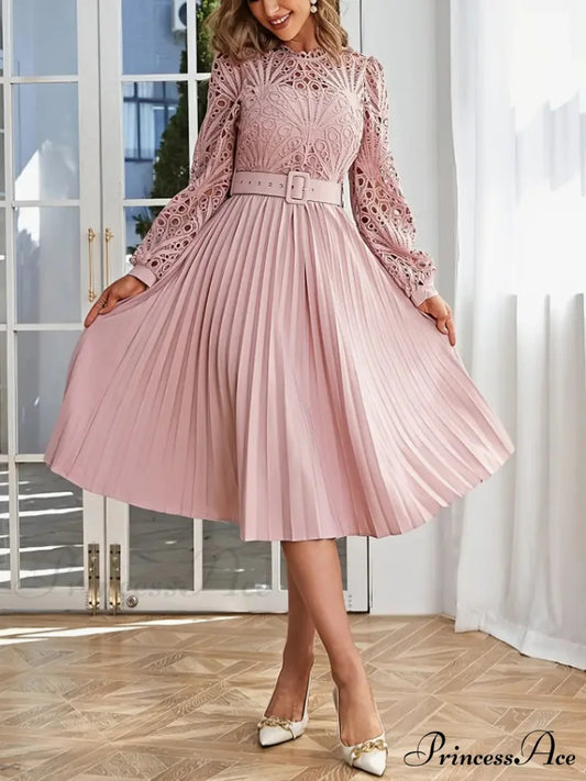 Pink Lace Pleated Party Dress with Belt S / Pink