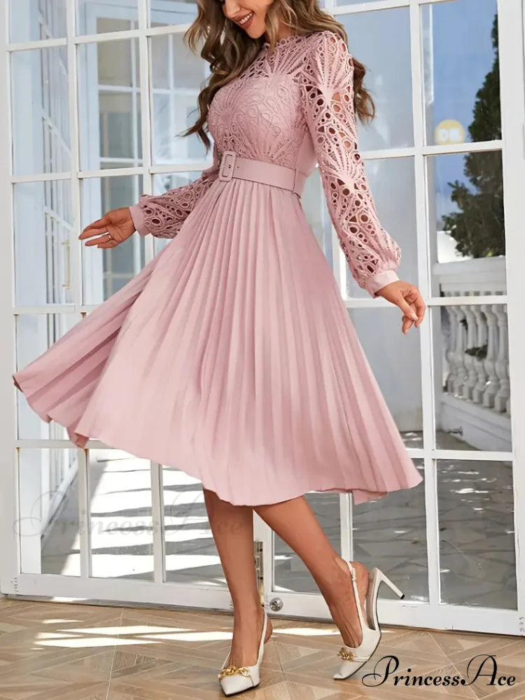 Pink Lace Pleated Party Dress with Belt S / White