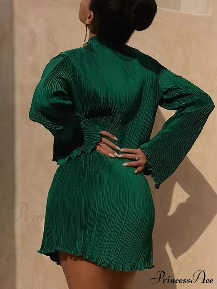 Pink Lettuce Trim Textured Dress with Long Sleeves L / Pink