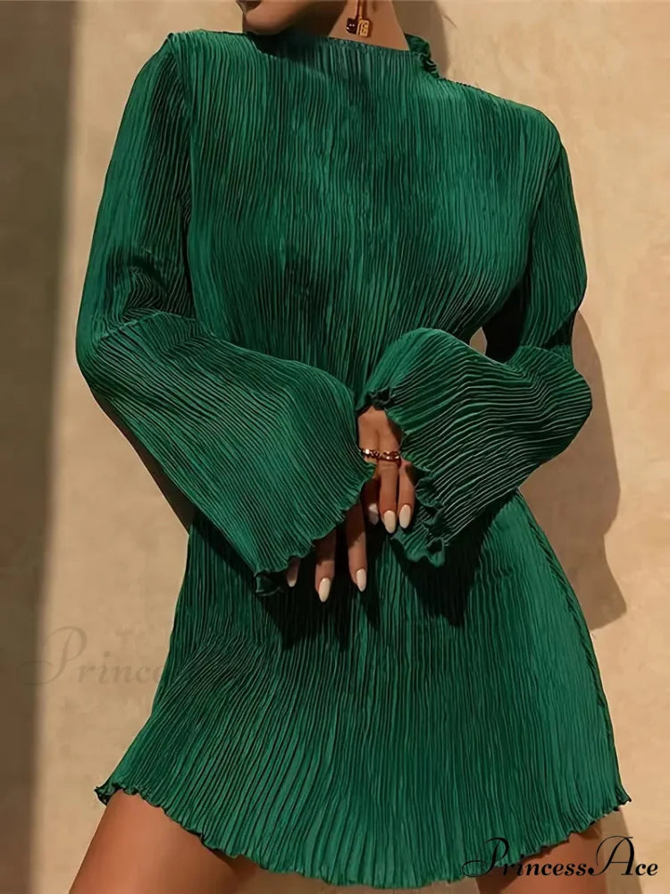 Pink Lettuce Trim Textured Dress with Long Sleeves L / Green