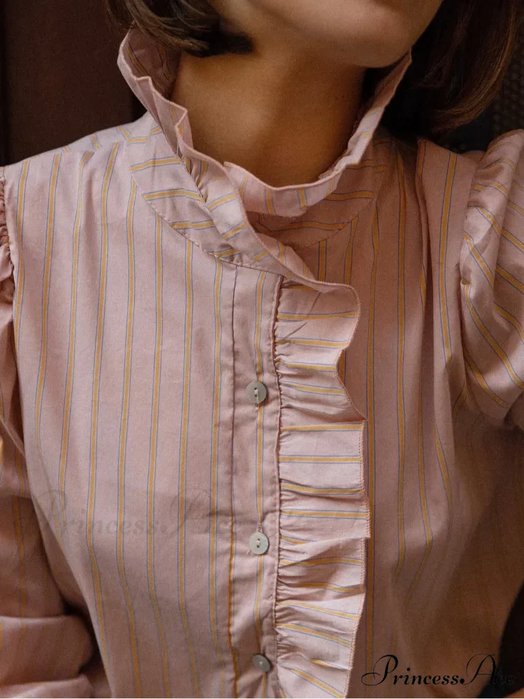 Pink Line Stand Collar Frilled Blouse blouse-250223