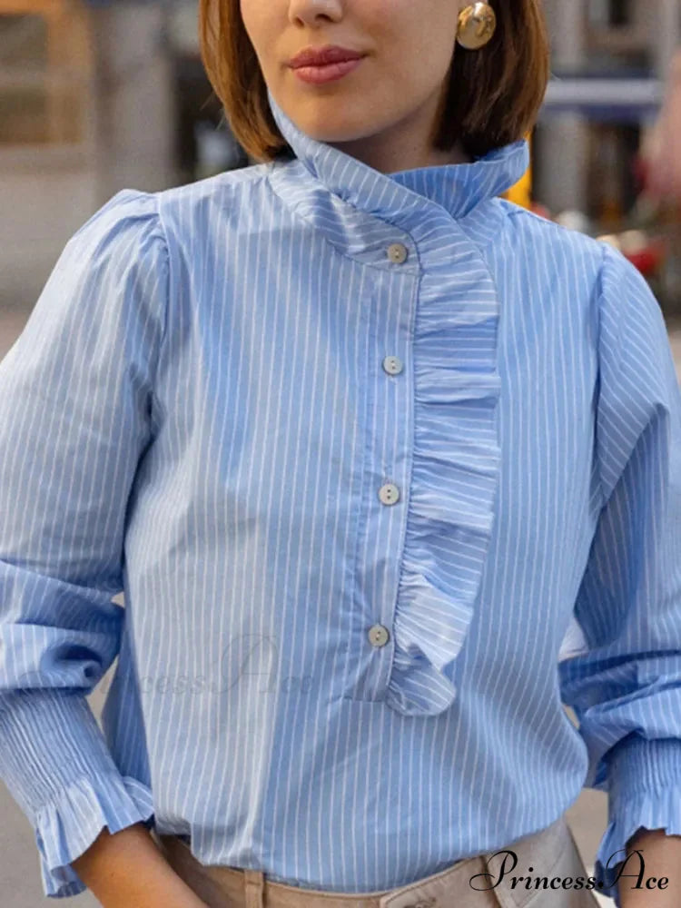 Pink Line Stand Collar Frilled Blouse Black / S blouse-250223