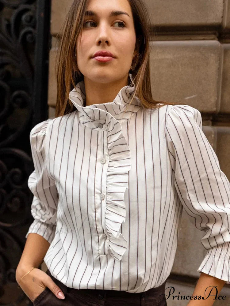 Pink Line Stand Collar Frilled Blouse Dark Grey / S blouse-250223